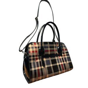 Plaid Patent Leather Large Satchel Carryall With Adjustable Strap And Zipper Clo